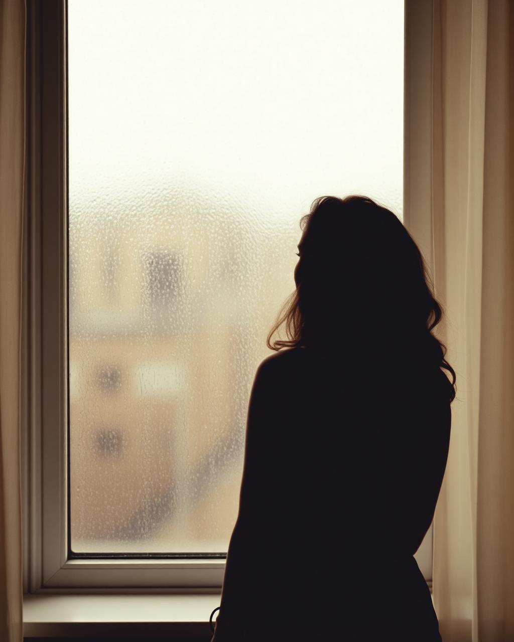 A woman sitting quietly by a rain-streaked window