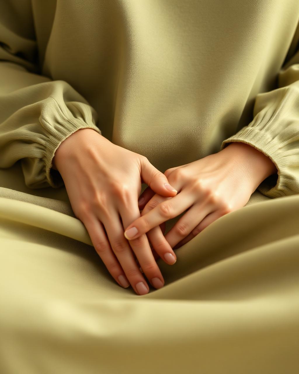 A woman's hands resting gently in her lap