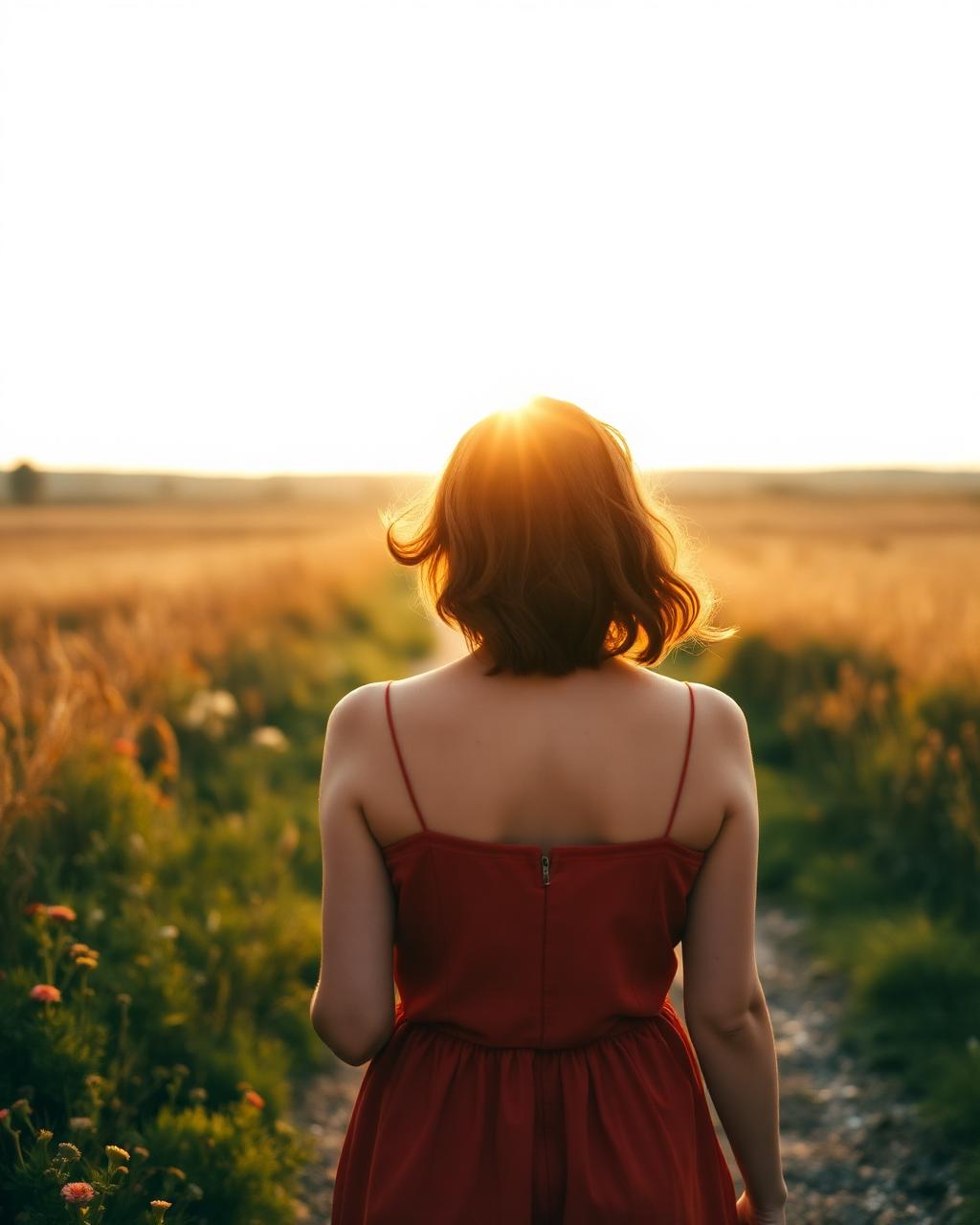 A woman walking toward morning light on an open path