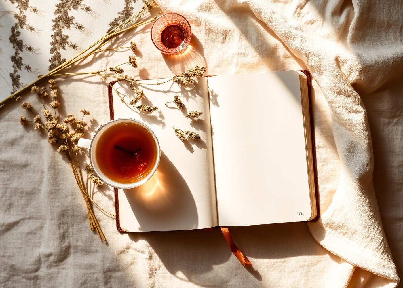 Open journal, tea, and dried flowers in morning light