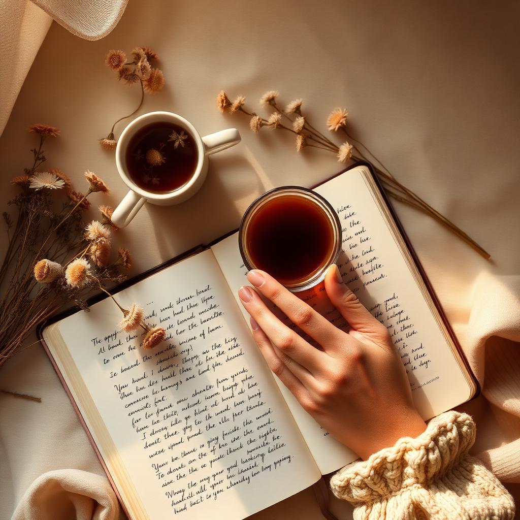 Open journal with handwritten pages, a warm cup of tea, and dried wildflowers in soft morning light