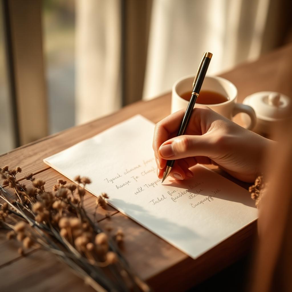 A hand writing a letter on cream stationery beside a warm cup of tea and dried wildflowers