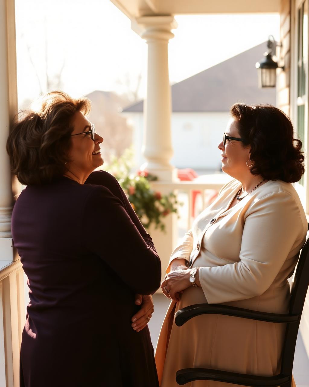 Two women talking together on a sunlit porch