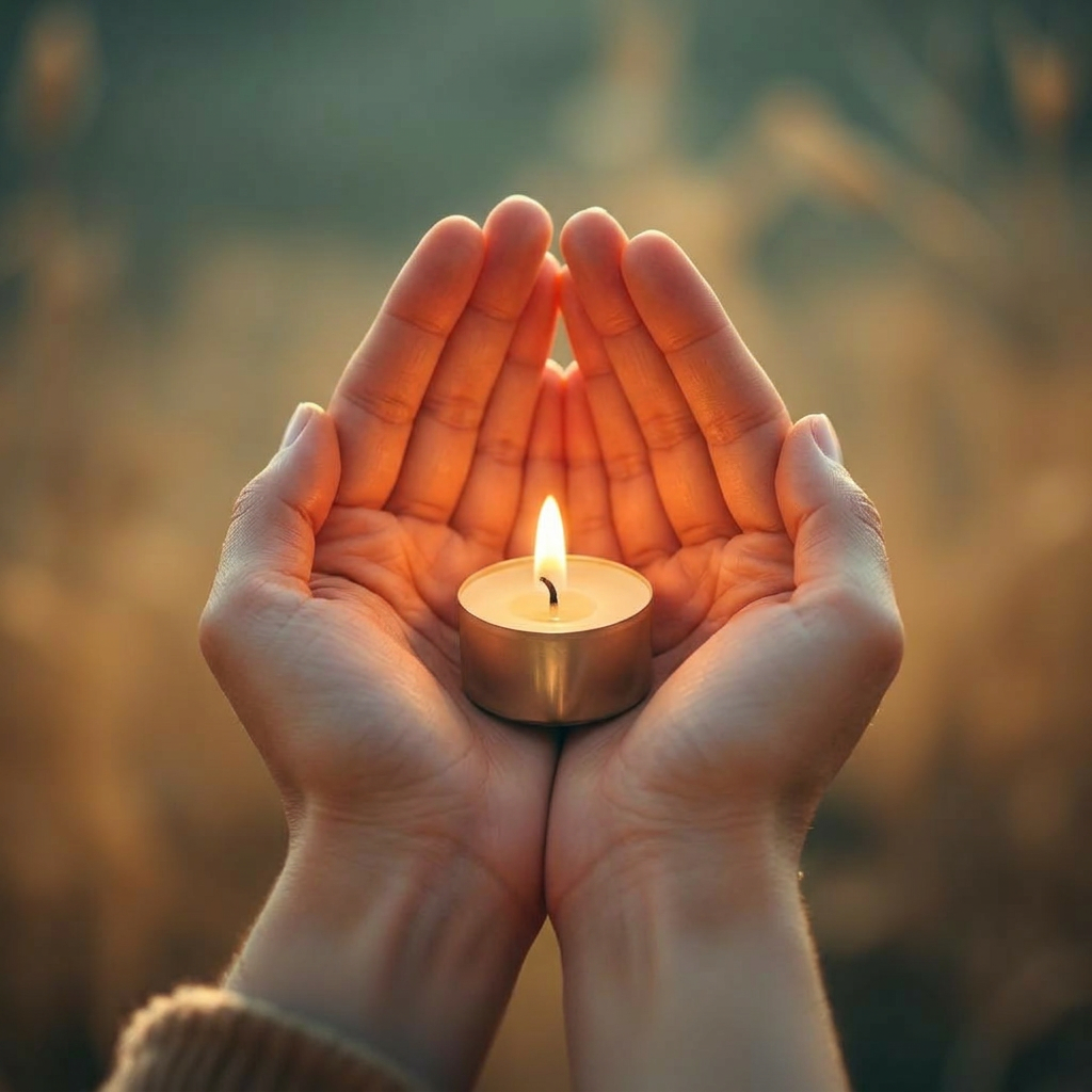Open hands cradling a small lit candle in warm morning light